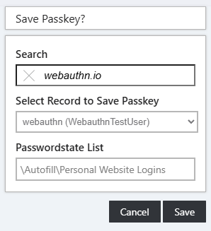 Registering a passkey with the Passwordstate browser extension