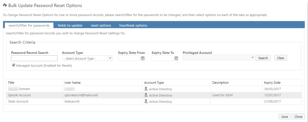 Bulk Update Password Reset Options