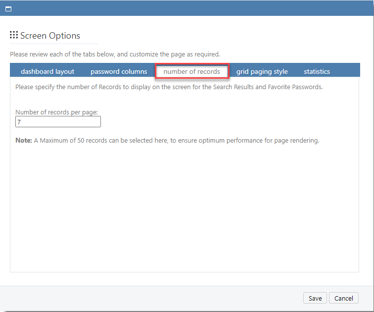 Number of Records Tab