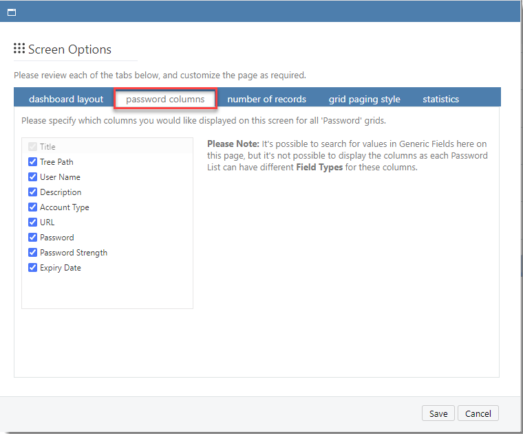 Password Columns Tab